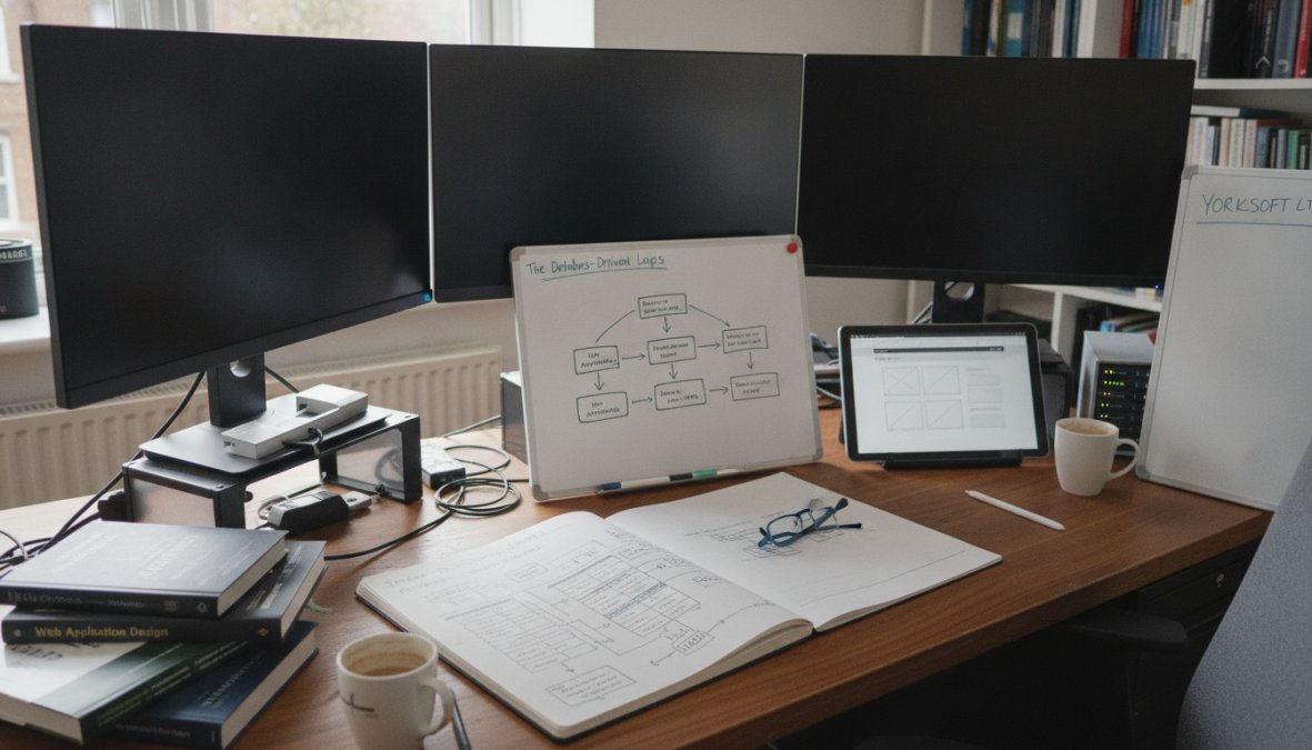 A developer working at a desk with multiple monitors displaying code, database schemas, and web application interfaces in a modern office with natural window lighting