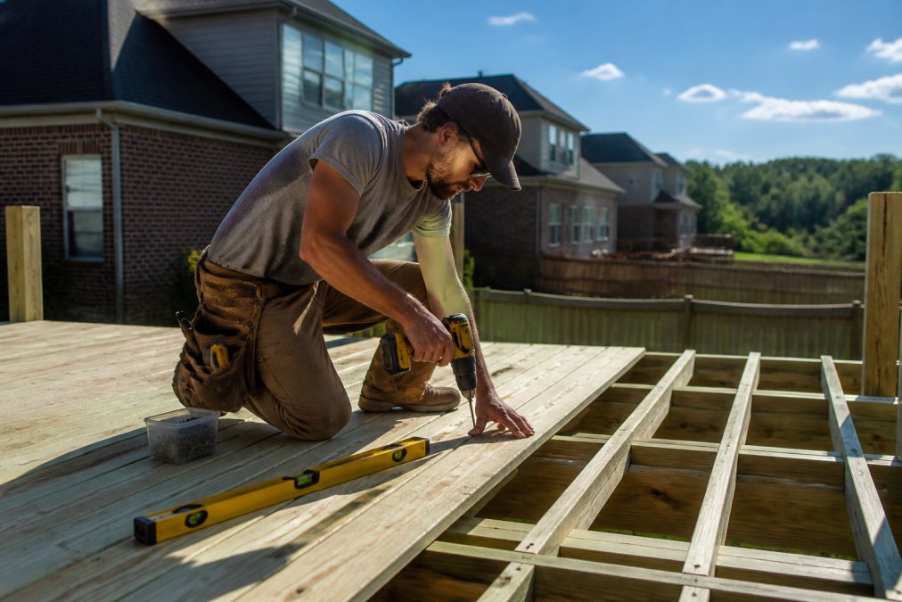 A professional carpenter in a tool belt installing pressure-treated deck boards on a residential backyard deck frame, with a cordless drill and level nearby, bright sunny day in a suburban Tennessee neighborhood