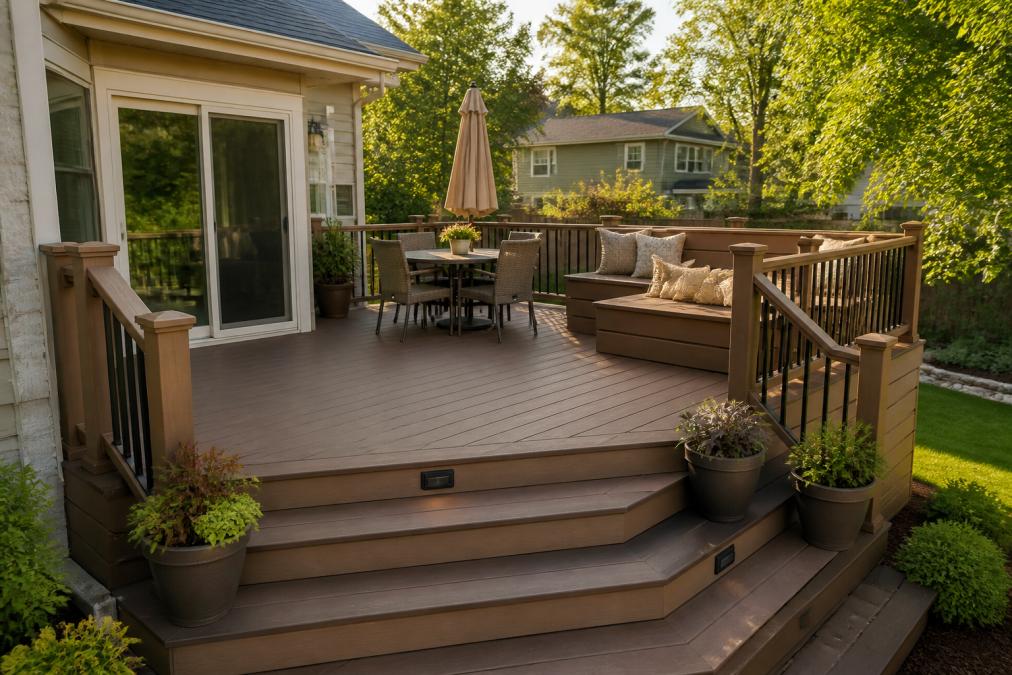A small multi-level composite deck attached to a suburban home, with built-in bench seating along the railing and potted plants on the steps, photographed in warm afternoon light