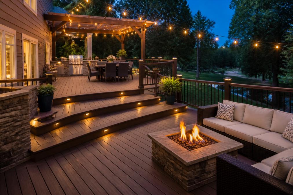 Two-level custom deck design at dusk featuring a pergola, outdoor kitchen, and warm ambient string lighting.