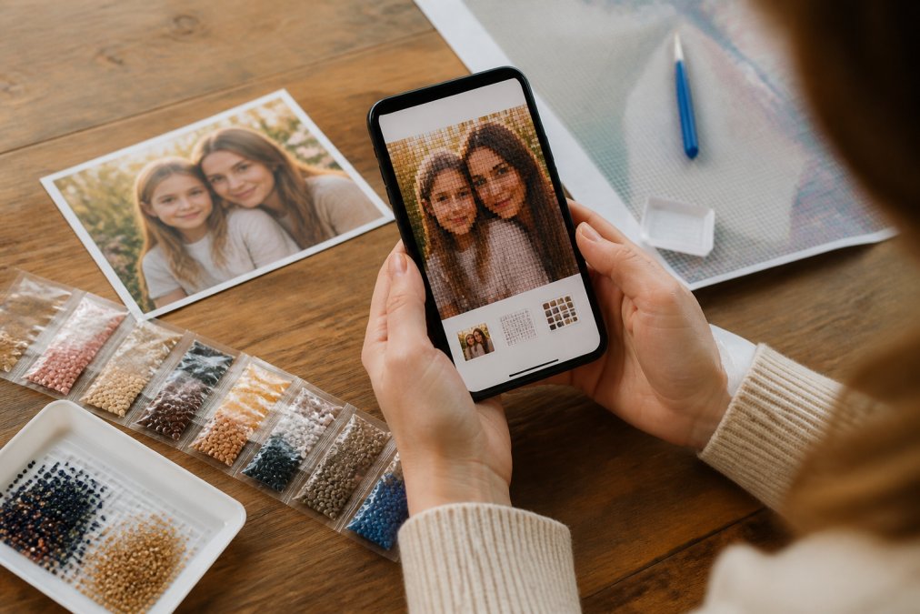 Close-up of hands holding a smartphone displaying a diamond painting kit preview interface, with a printed photograph and diamond painting supplies arranged on a wooden craft table
