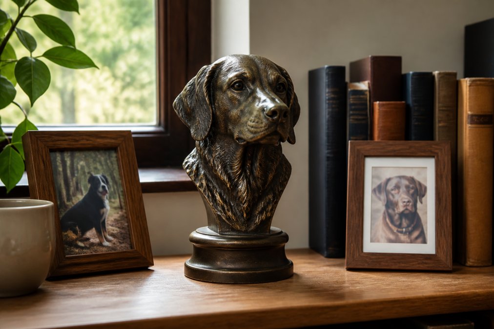 Bronze-effect dog breed bust displayed on round plinth, positioned on wooden shelf with natural window lighting, surrounded by books and framed photographs