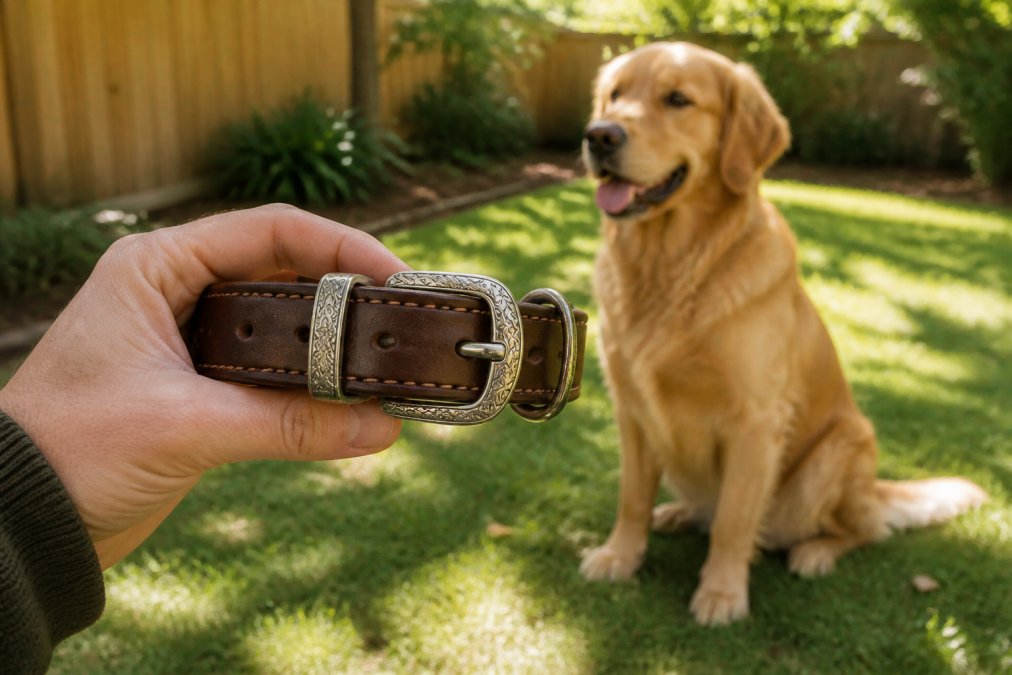 A close-up of a hand holding a rich brown leather dog collar with a polished silver engraved buckle, while a golden retriever sits patiently in a softly blurred sunlit backyard