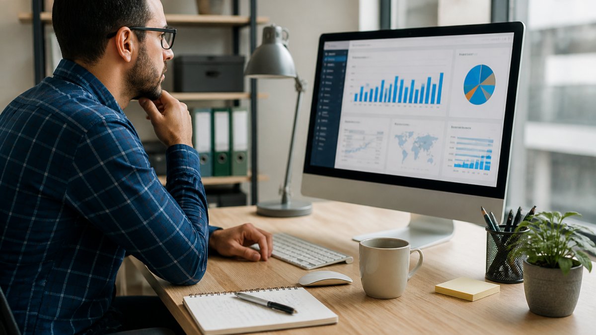 Digital marketer reviewing campaign analytics dashboard on desktop monitor with performance charts visible, coffee cup and notes on desk, natural office lighting