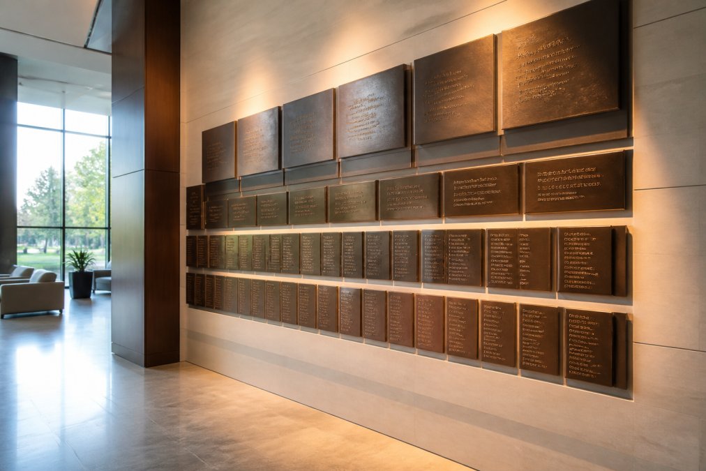 Modern nonprofit lobby featuring a bronze donor recognition wall with engraved plaques arranged in tiers, with natural lighting highlighting the metalwork and donor names