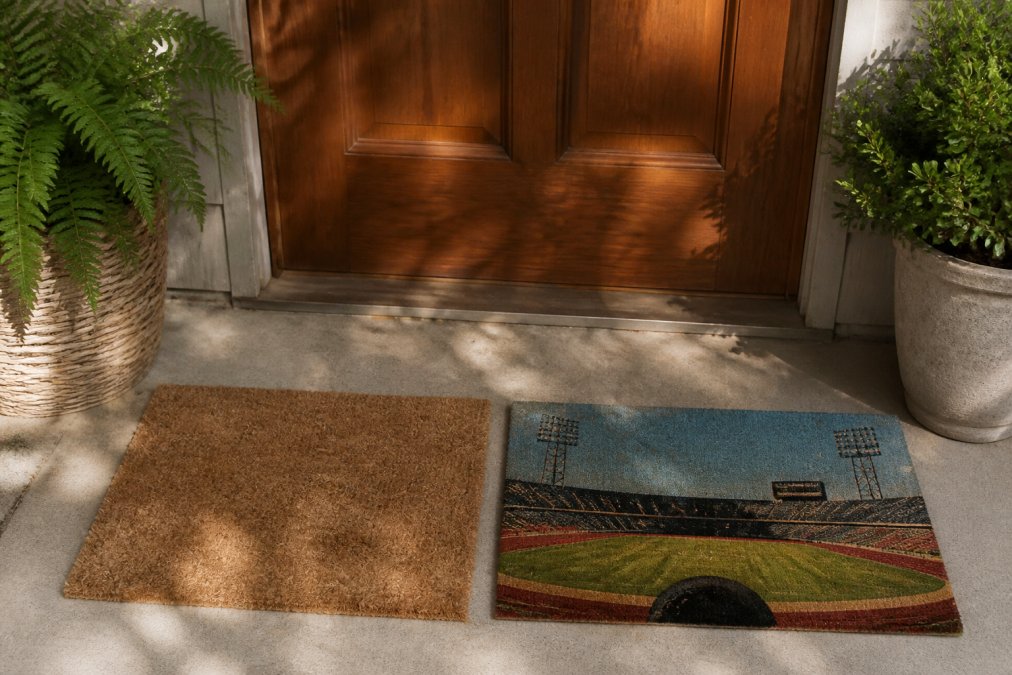 A front porch with two doormats side by side, one mass-produced plain mat and one vintage Kezar Stadium football coir doormat with a black vinyl backing, set against a wooden door and potted plants under warm afternoon light
