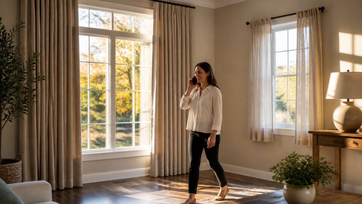 A bright living room with floor-length custom drapery panels on a large window beside a smaller window with basic store-bought curtains, showing the visual difference in drape and fit