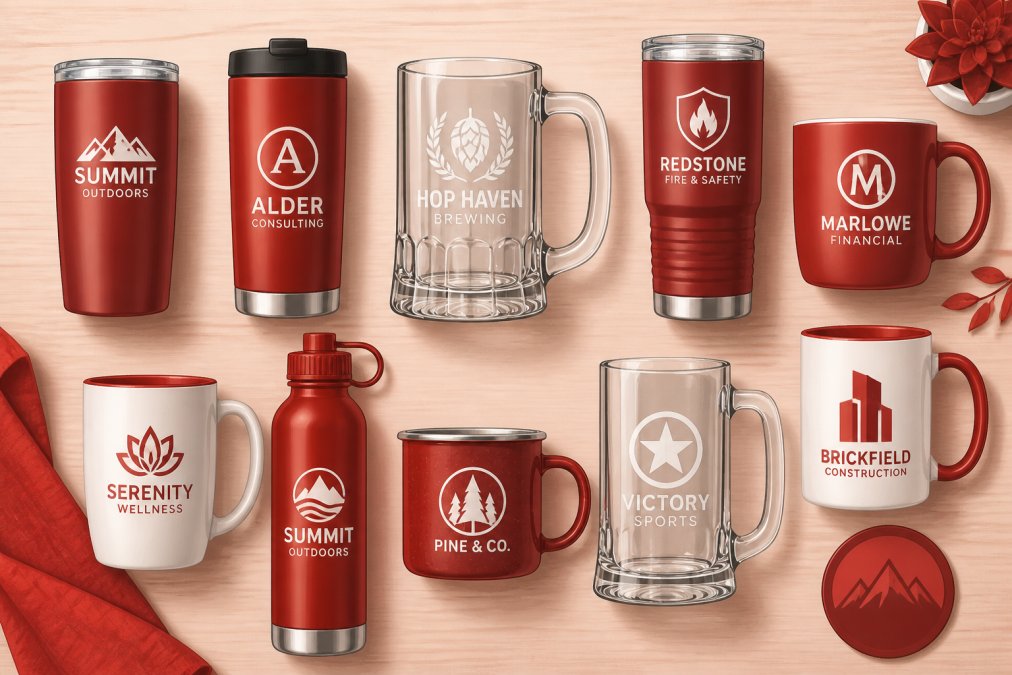 Overhead shot of a variety of branded custom drinkware, stainless steel vacuum-insulated tumblers, glass beer steins, and ceramic mugs, arranged on a wooden table with clearly visible custom logos and engravings