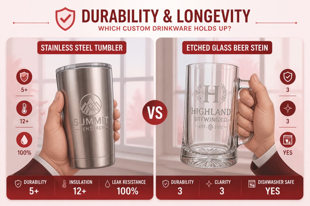 Close-up of a custom-engraved stainless steel tumbler and etched glass beer stein being held side-by-side in professional hands, showing fine detail and clarity of the engraved logos against natural window lighting