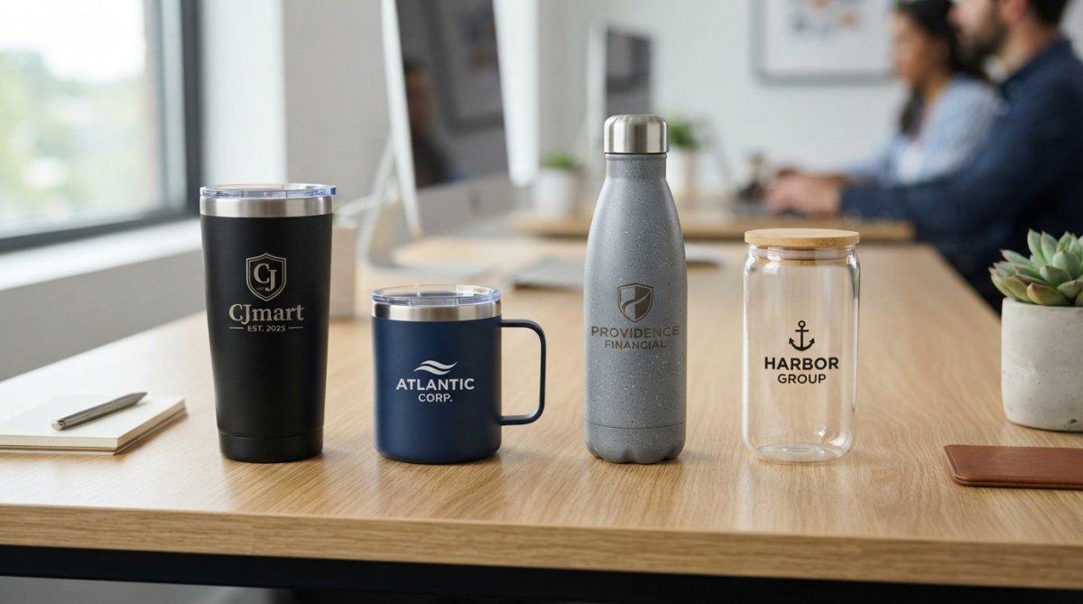 Visual comparison chart showing Flat for custom drinkware corporate gifts
