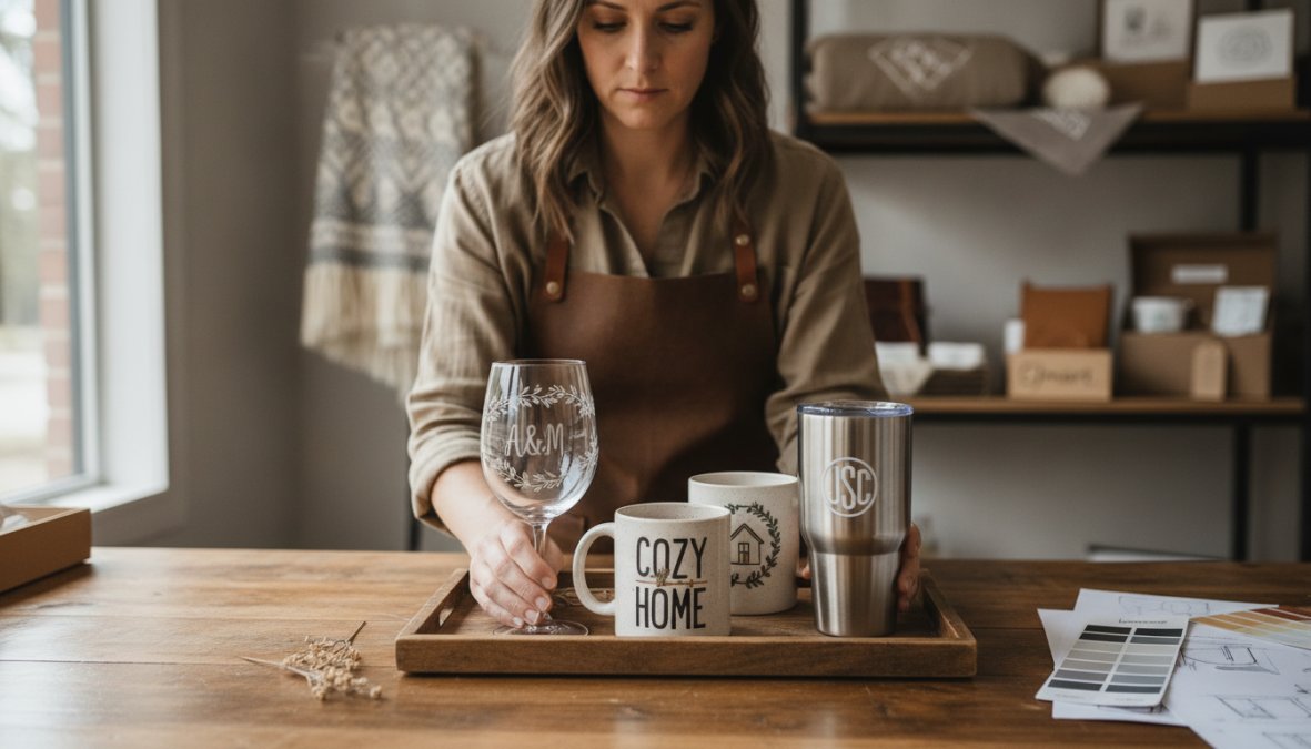 Designer's workspace showing custom drinkware samples with various engraving and printing options, laser-engraved champagne flutes, photo mugs, monogrammed tumblers, and frosted cups arranged with design templates and color swatches