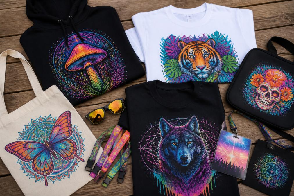 Flat lay of festival merchandise featuring vibrant multi-colour DTF designs on t-shirts, hoodies, and bags arranged artfully on wooden surface with festival wristbands and badges