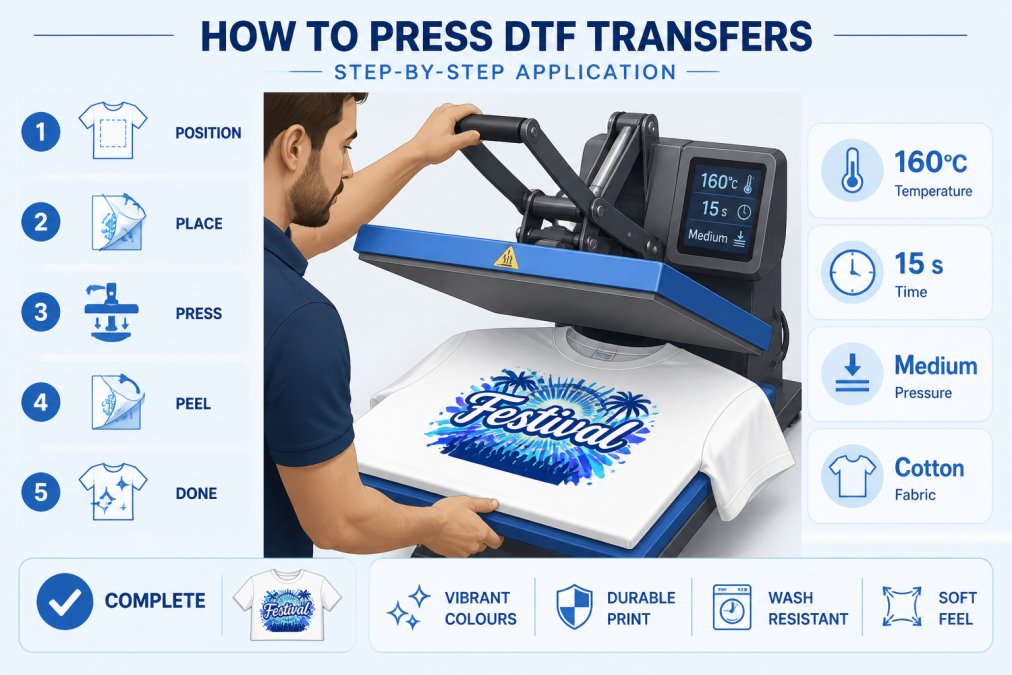 Professional demonstrating DTF transfer application with heat press showing proper pressure and temperature display, vibrant multi-colour festival design visible on white cotton t-shirt, natural studio lighting