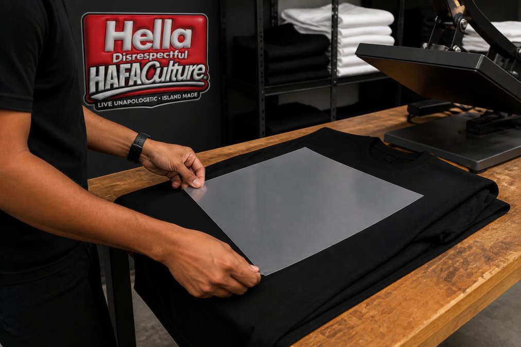 Hands carefully positioning a DTF transfer film onto a blank t-shirt before pressing, showing proper alignment and placement on the garment