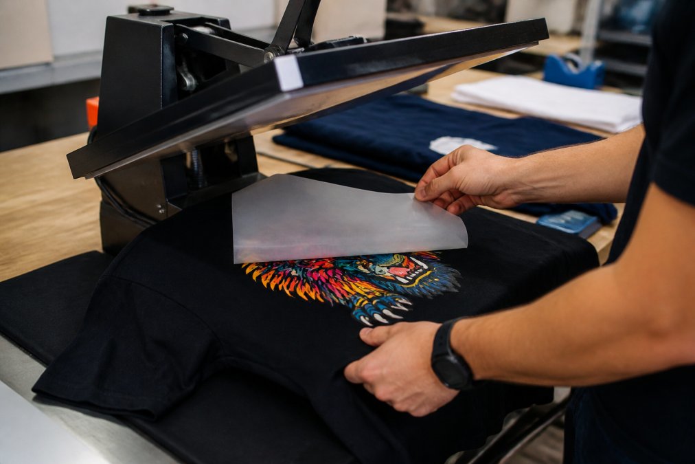 Close-up of hands operating a heat press machine applying a colorful DTF transfer film onto a black t-shirt on a workbench, with the transfer sheet partially peeled back to reveal a vibrant finished design