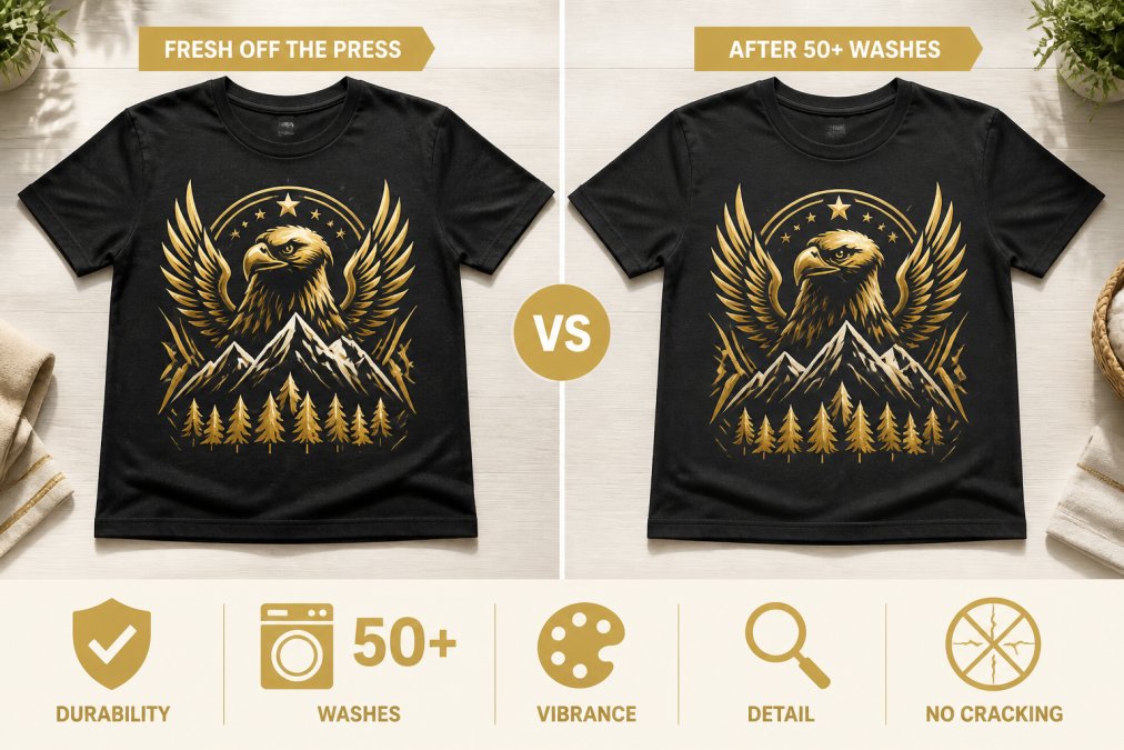 Side-by-side flat lay of two identical custom-printed t-shirts on a light wooden surface under bright natural light, one fresh off the press and one after many wash cycles, both showing crisp and vibrant colors with no visible cracking or fading