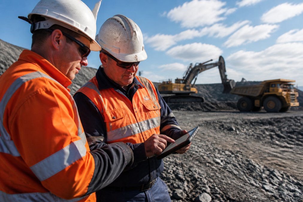 Mining workers on site reviewing training content on mobile devices in outdoor remote location with equipment visible in background, natural daylight