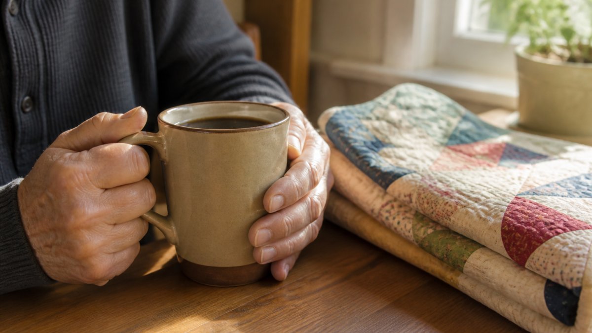 Close-up of hands holding a warm ceramic coffee mug with a playful printed design, sitting on a kitchen table beside a folded patchwork quilt, soft morning light through a window