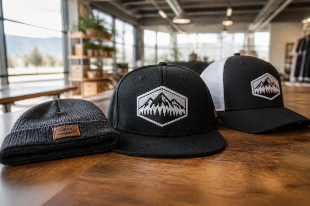 Close-up of a custom embroidered snapback hat with a company logo on a wooden table, next to a folded beanie and a mesh trucker cap, in a bright office with natural window light