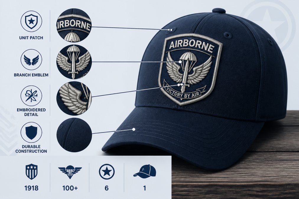 Close-up of a structured military ball cap with a detailed embroidered unit patch insignia on the crown, showing crisp stitching and a branch emblem against a dark navy fabric background, photographed under bright studio lighting on a wooden surface