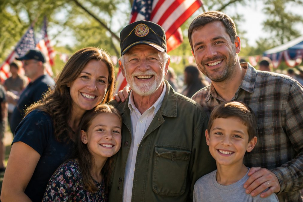 A veteran wearing a custom embroidered military cap with a proud smile, standing with family members at an outdoor reunion, American flags and patriotic decorations visible in the warm afternoon sunlight