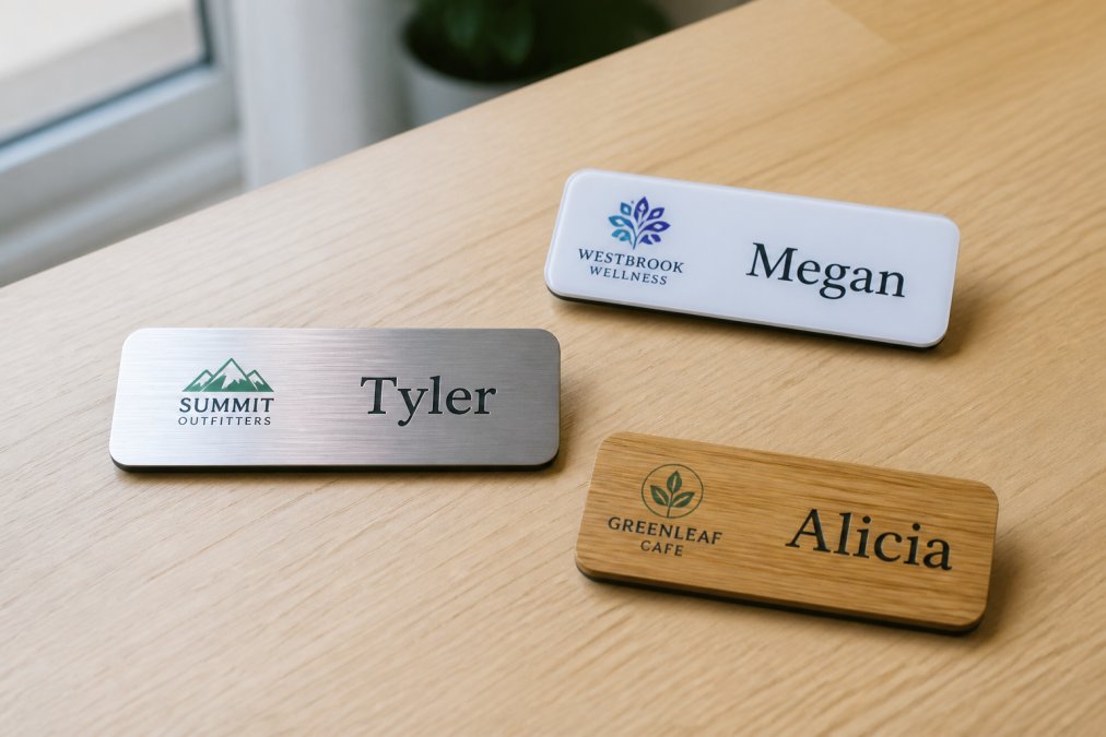 Comparison of plastic, metal, and bamboo employee name tags on a wooden table surface.