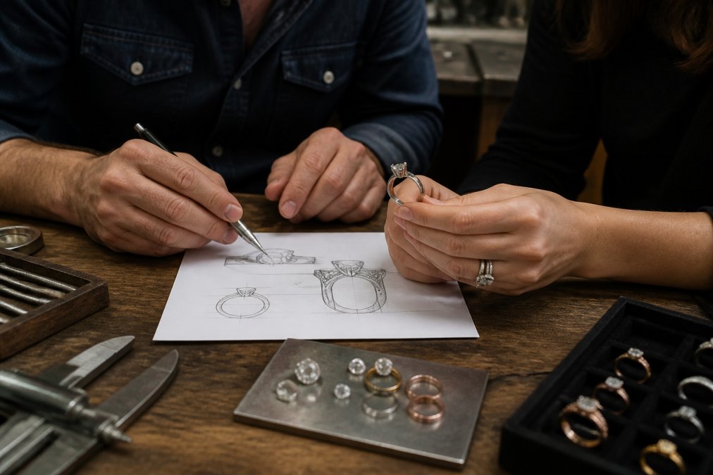 Jeweler and client reviewing a design sketch and CAD model to plan their custom engagement ring cost.
