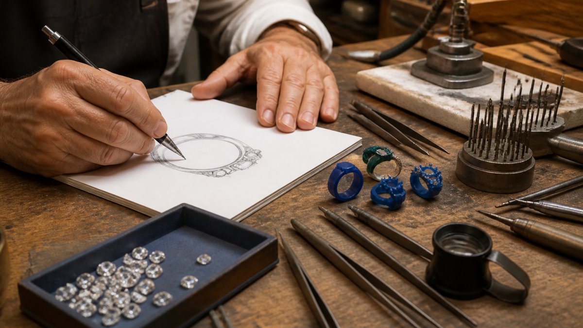 A jeweler's hands sketching a ring design at a workbench surrounded by loose diamonds, wax models, and precision tools in a warm workshop setting