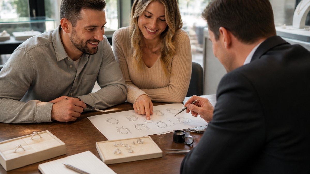 A couple sitting across a wooden table from a jeweler in a bright jewelry studio, pointing at design sketches and loose diamonds, with a loupe and notepad nearby
