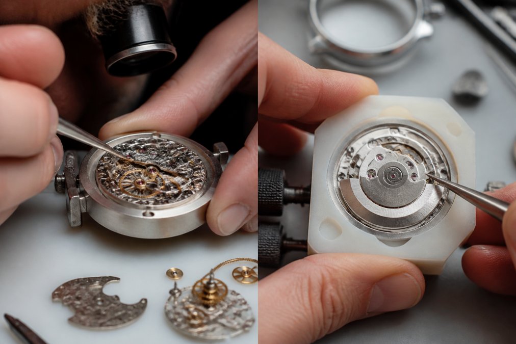 Watchmaker's hands working on an exposed mechanical movement with jewels and hand-finished components visible under magnification in professional workshop lighting