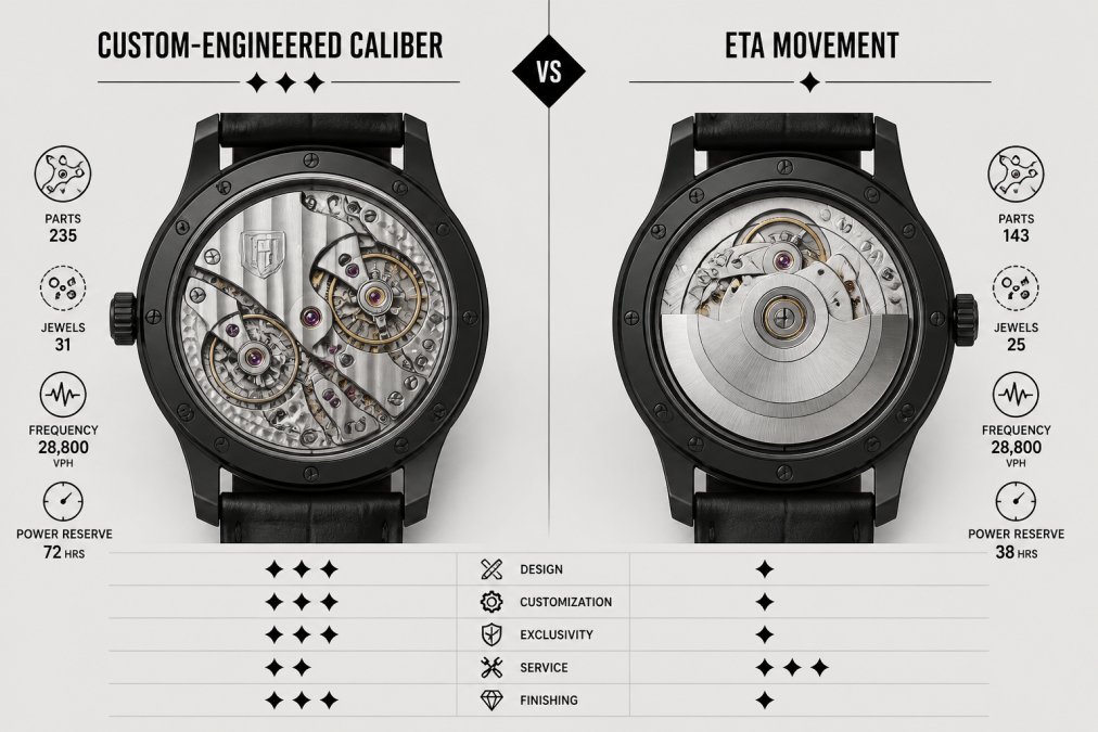 Two watch movements displayed side by side in exhibition cases, showing detailed finishing and complexity of custom-engineered calibers under professional lighting
