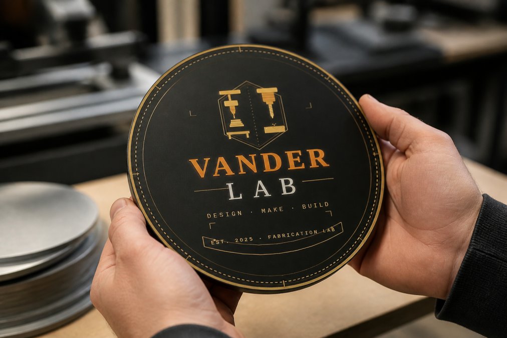 Close-up of hands holding a finished custom engraved award, showing laser engraving detail and quality craftsmanship with natural lighting