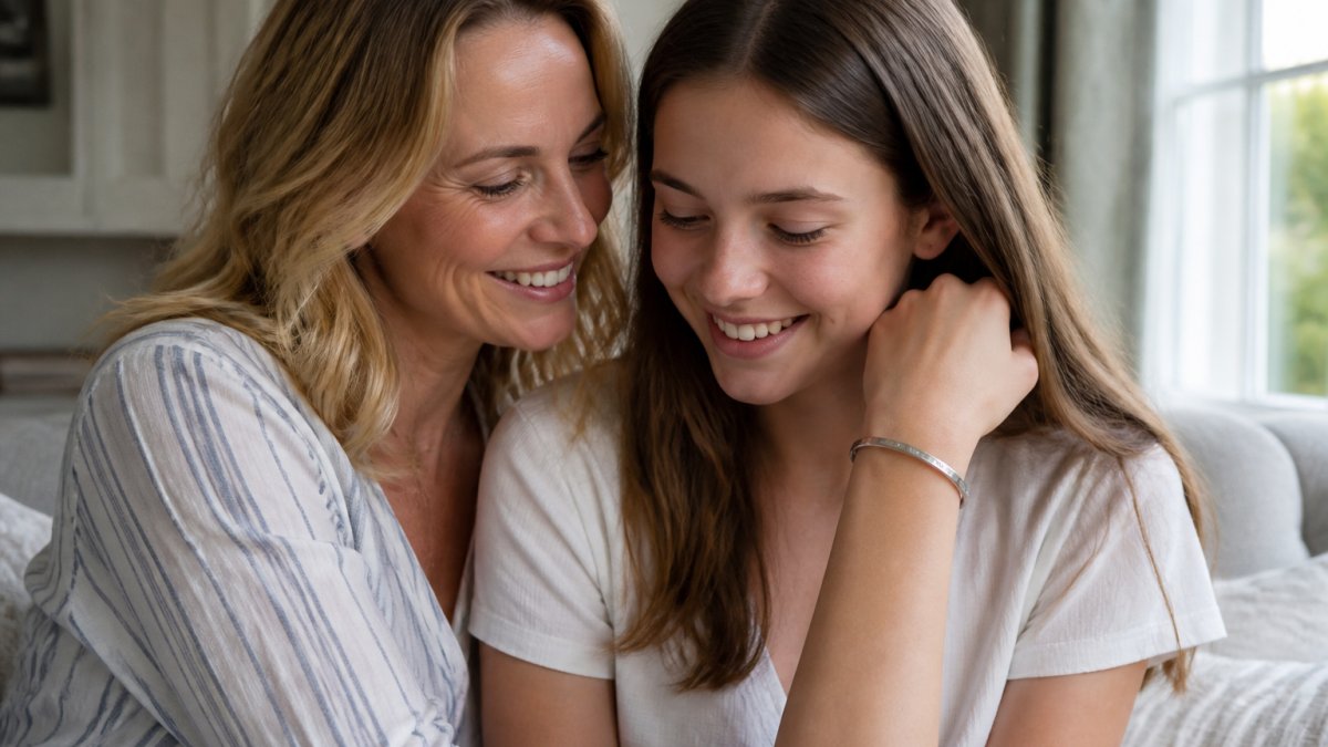Close-up of a mother and teenage daughter smiling together while the daughter wears a delicate engraved silver bangle on her wrist, soft natural window light, warm home setting