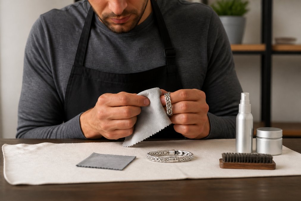 Hands gently cleaning a sterling silver bracelet with a soft polishing cloth, with silver care products and a small cleaning cloth visible on a clean surface