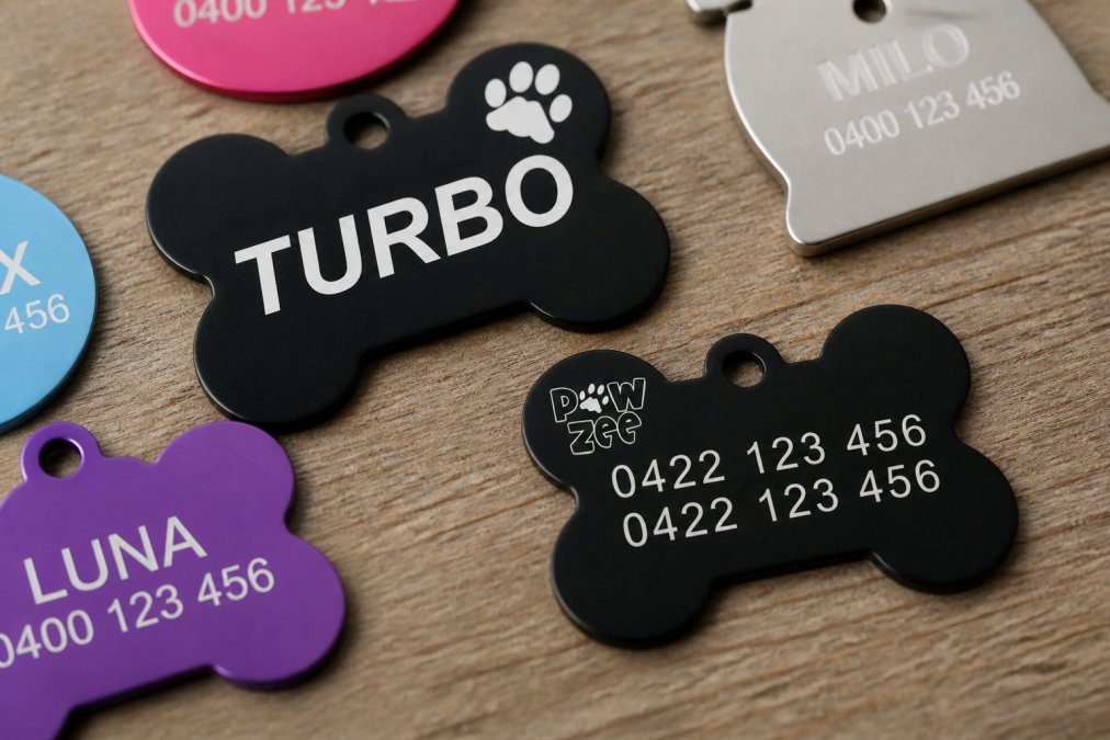 Close-up of several colourful engraved aluminium and stainless steel pet ID tags laid flat on a natural wooden surface, showing crisp engraved text clearly on each tag in bright natural light