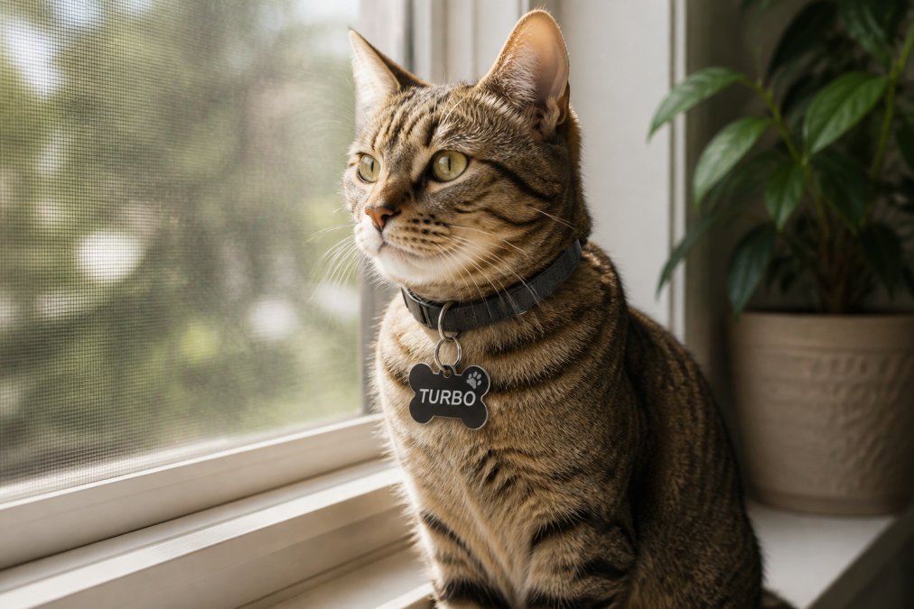 A small tabby cat wearing a lightweight ID tag on a well-fitted adjustable nylon collar, sitting calmly on a windowsill in warm natural afternoon light, the engraved tag clearly visible against its fur