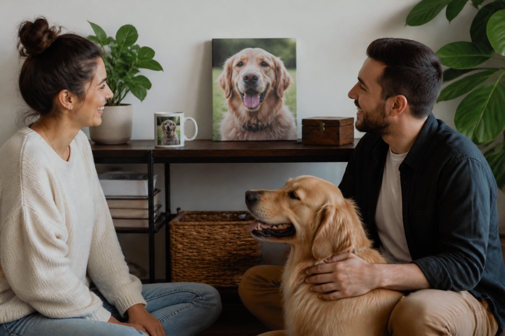 Cozy shelf with a pet photo mug, dog canvas, and custom engraved gifts for pet lovers in a wooden keepsake box.