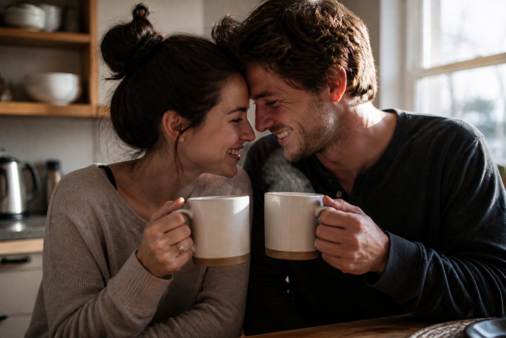 A couple holding matching ceramic mugs with engraved gifts on a sunny anniversary morning in their kitchen.