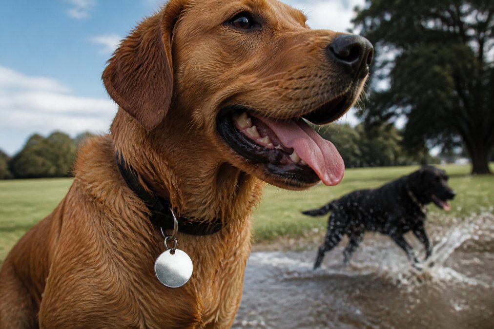 Close-up of a dog wearing a stainless steel engraved tag on its collar during outdoor play, showing the tag's clarity and shine in natural light