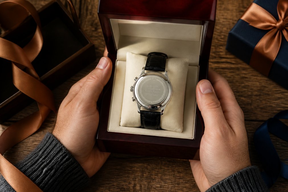 A beautifully wrapped gift box containing an engraved watch with elegant presentation, showing the unboxing experience from above with soft lighting highlighting the personalized caseback