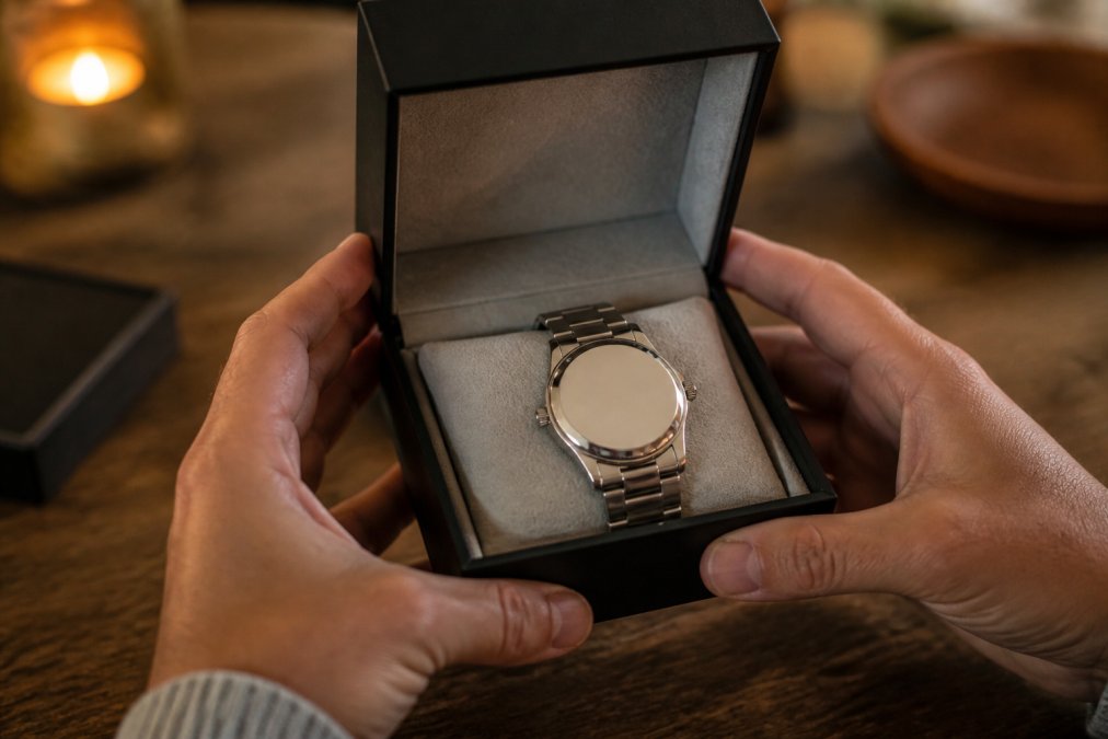 Close-up of a person's hands holding an open watch gift box, revealing an engraved stainless steel watch case back, warm indoor lighting with soft shadows