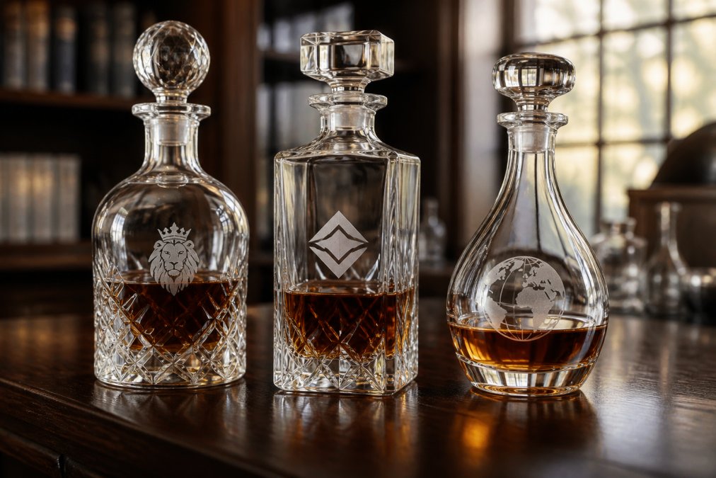 Close-up of three premium crystal decanters with etched corporate logos displayed on polished dark dark wood surface, showing fine detail of engraving clarity and glass light refraction