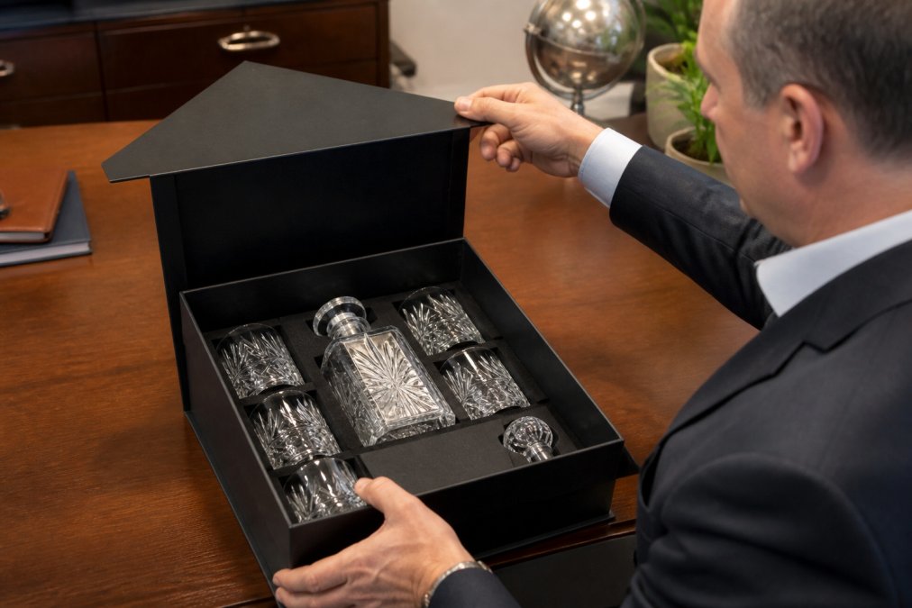 Executive carefully opening premium gift box containing custom etched crystal decanter with matching glasses and stopper, revealing professional packaging and branded presentation materials