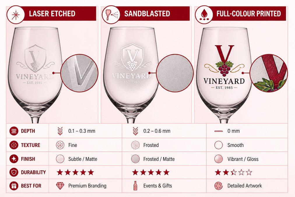 Close-up of three wine glasses displaying laser-etched, sandblasted, and full-colour printed designs side by side, showing clear differences in engraving depth, surface texture, and finish quality under studio lighting