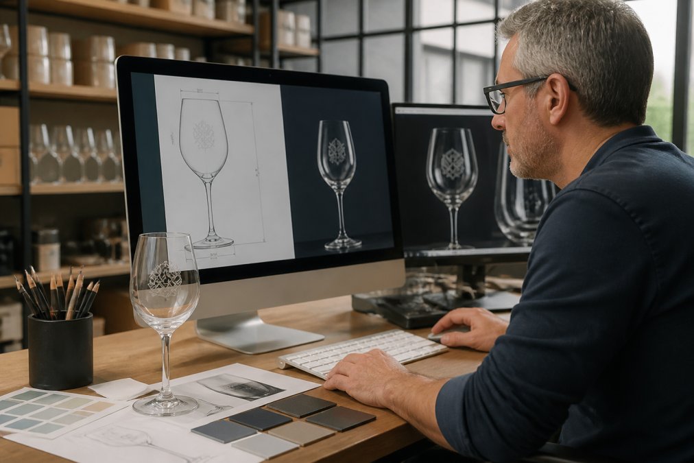 Professional designer reviewing a wine glass design proof on a computer screen with a physical sample glass and branding guidelines visible on the desk, natural office lighting