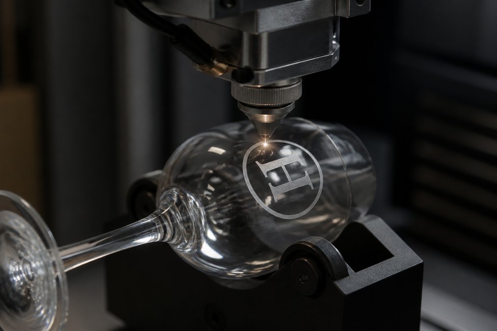 Close-up of a laser engraving machine etching a monogram onto a clear stemmed wine glass, fine detail visible on the glass surface under focused studio lighting, with the frosted etched finish catching the light