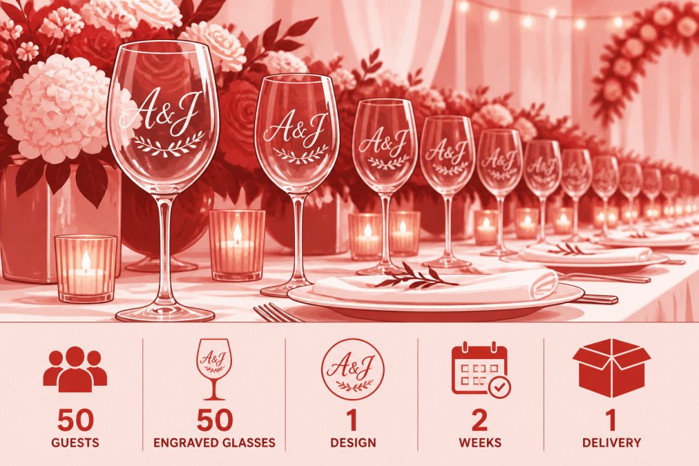 Styled wedding table setting with rows of matching stemmed wine glasses carrying engraved initials catching warm candlelight, surrounded by white floral centrepieces and pressed white linen, photographed from a low angle