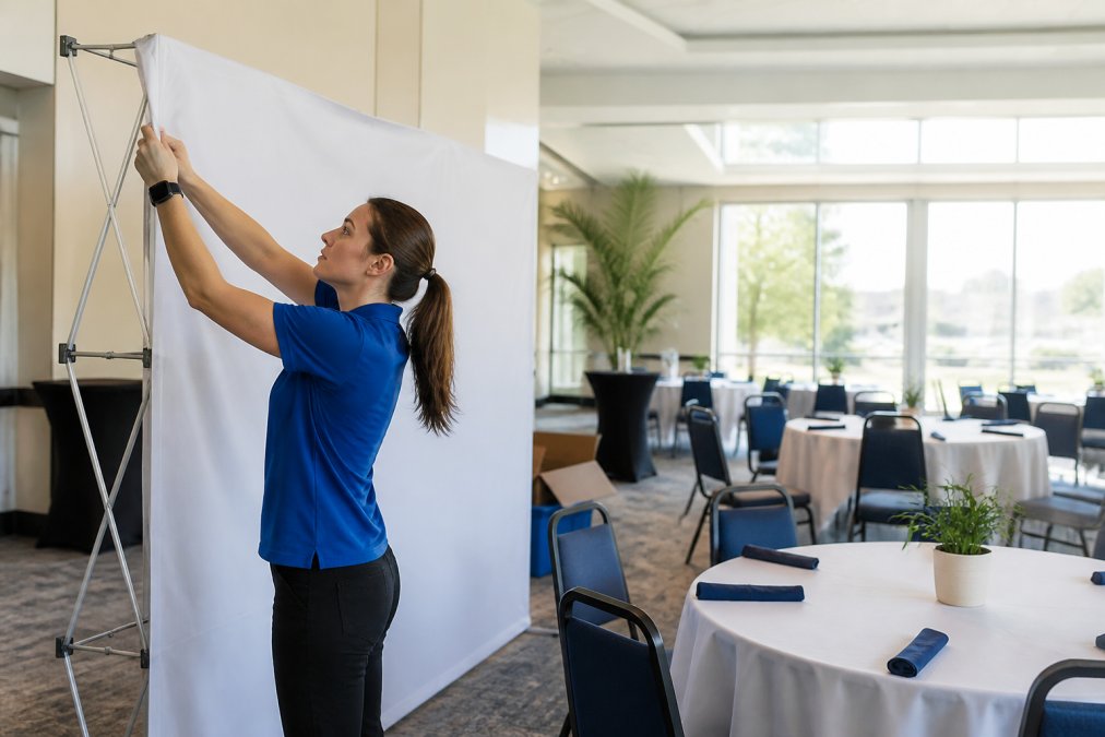 A professional event coordinator in a branded polo shirt securing a large fabric display backdrop at a bright indoor venue, with round tables and chairs being arranged nearby