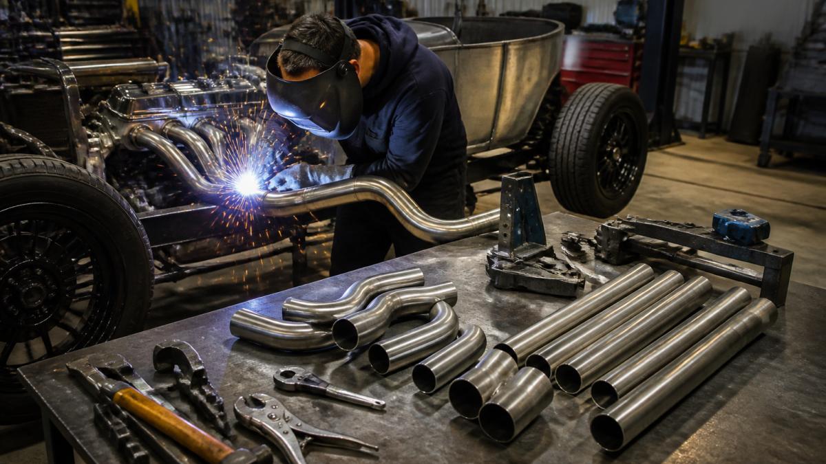 A fabricator in a workshop welding a mandrel-bent stainless steel exhaust pipe on a hot rod chassis, sparks visible, tools and tubing on the bench nearby