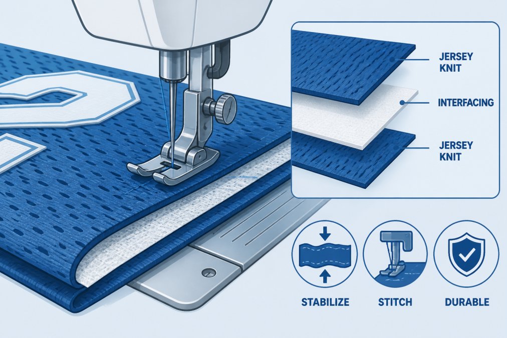 Close-up of a sewing machine needle stitching through layered jersey knit fabric with visible interfacing backing, showing proper stabilization technique with natural workshop lighting